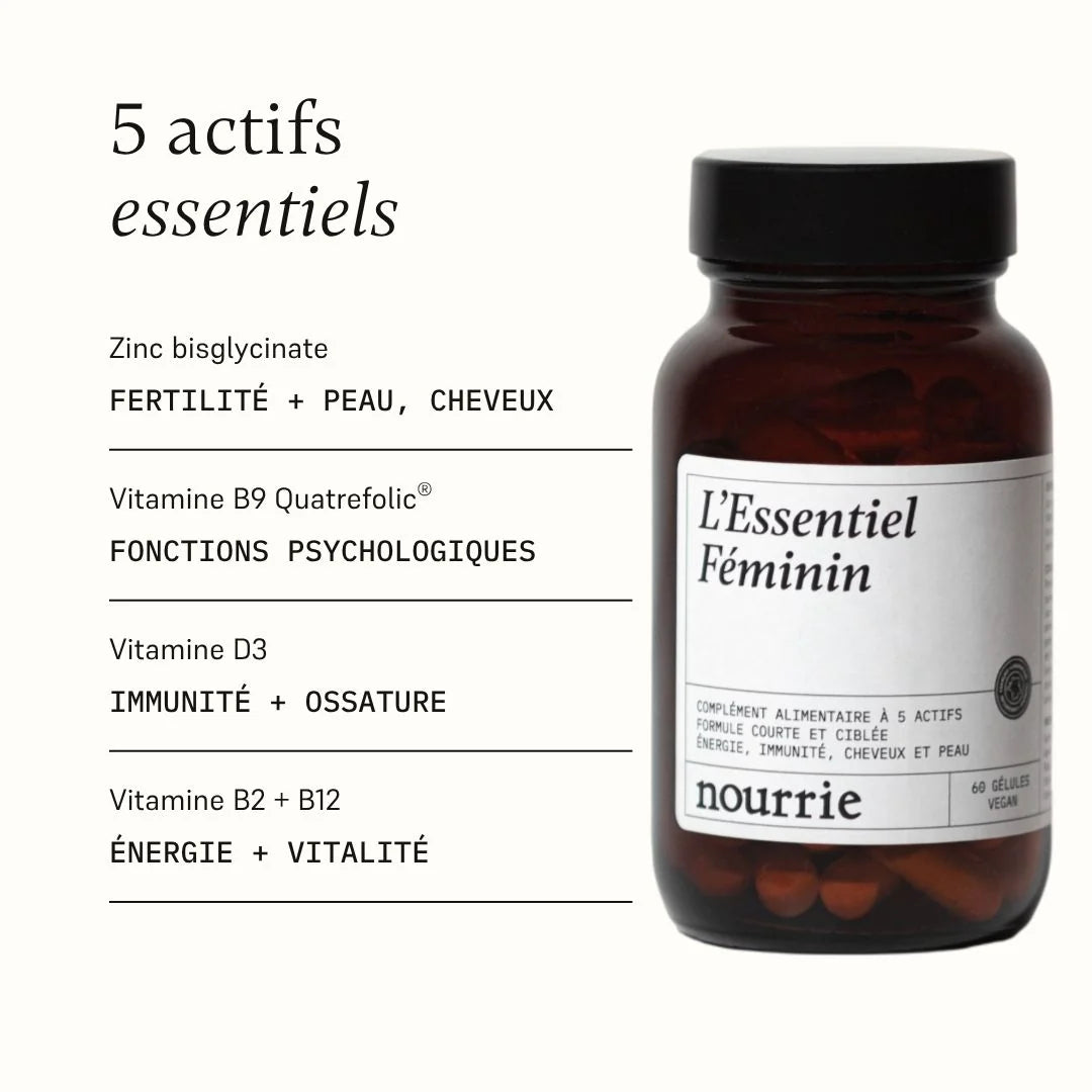 L'Essentiel Féminin – Multivitamines femme 5 actifs – 60 gélules – Nourrie